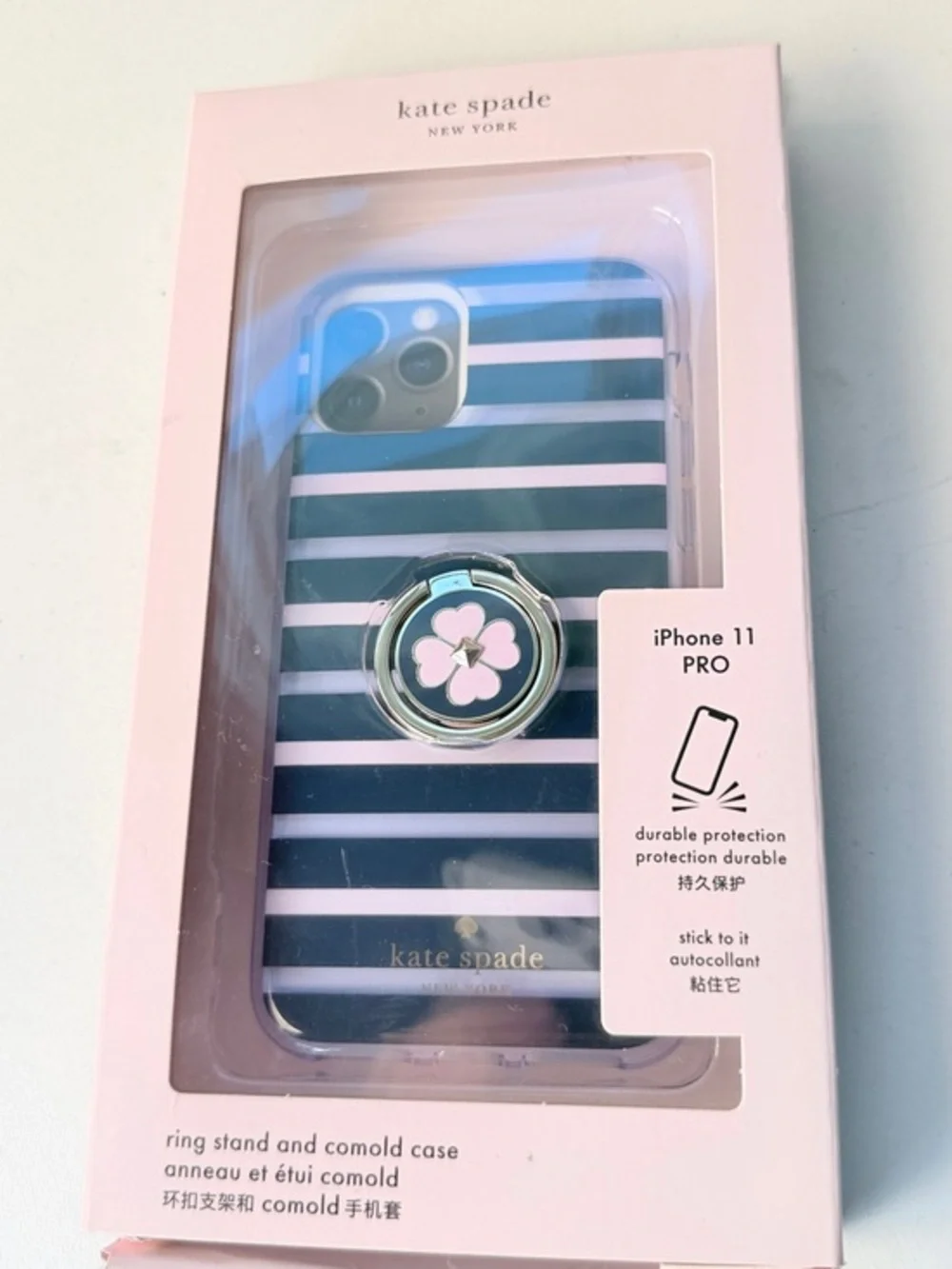 kate spade Navy & White Striped iPhone 11 Pro Case with Pink Flower Ring Stand